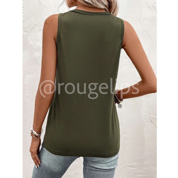 Army Green Casual Tank Top V-Neck Button Up Chest Pocket - Picture 3 of 8